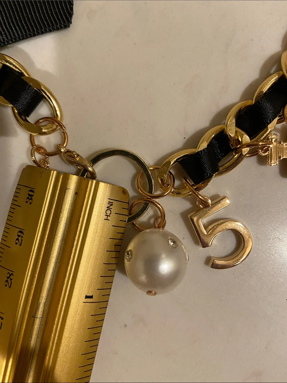 Black and Gold Charm Necklace with Pearls And Chanel Charms
